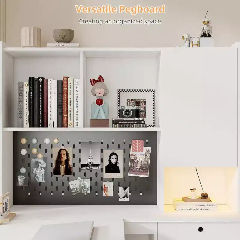 L-Shaped Corner Computer Desk with Charging Station, LED Lights, Drawers & Bookshelf, White